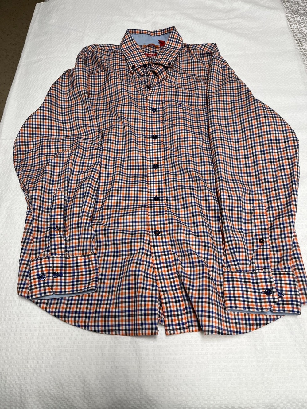 Izod Men's Multi-color Plaid Long Sleeve Dress Shirt Large Blue/Orange/White